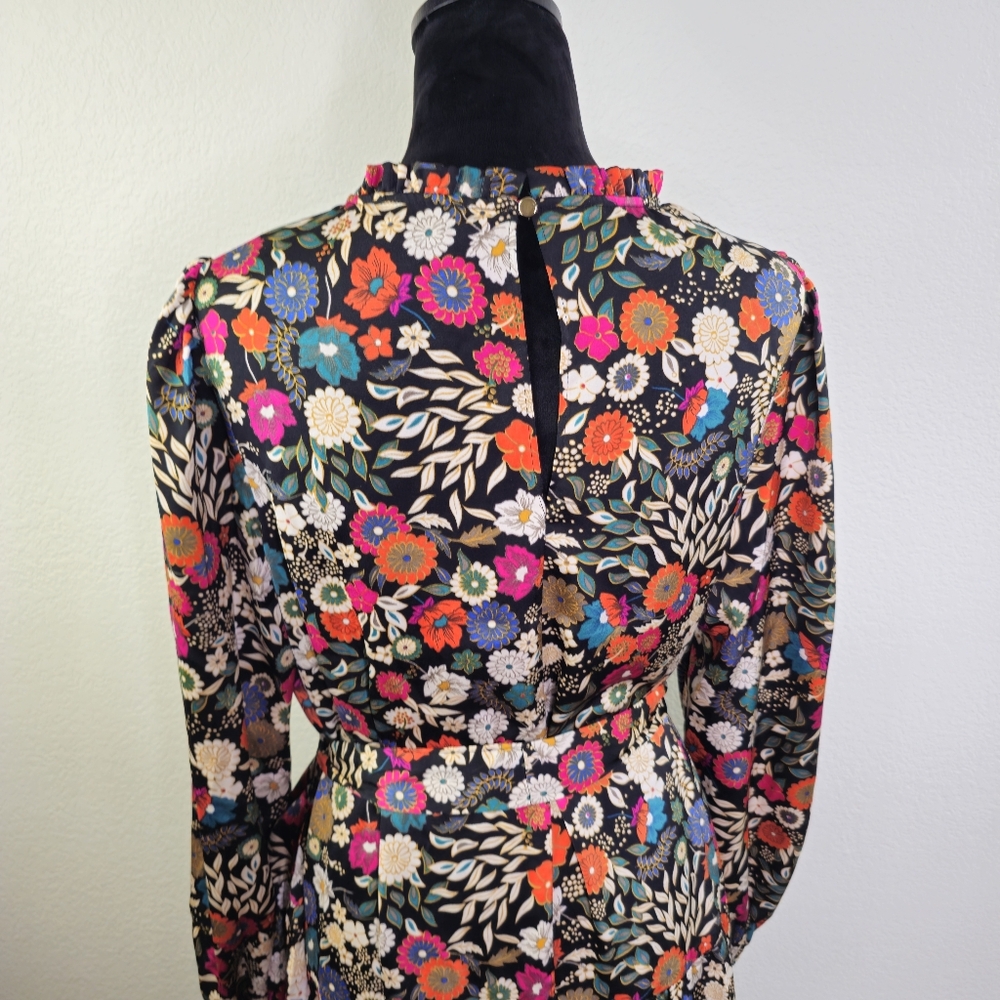 Maia Floral Drop Tie Waist Ruffle Black Long Sleeve Dress 14 - Picture 10 of 13